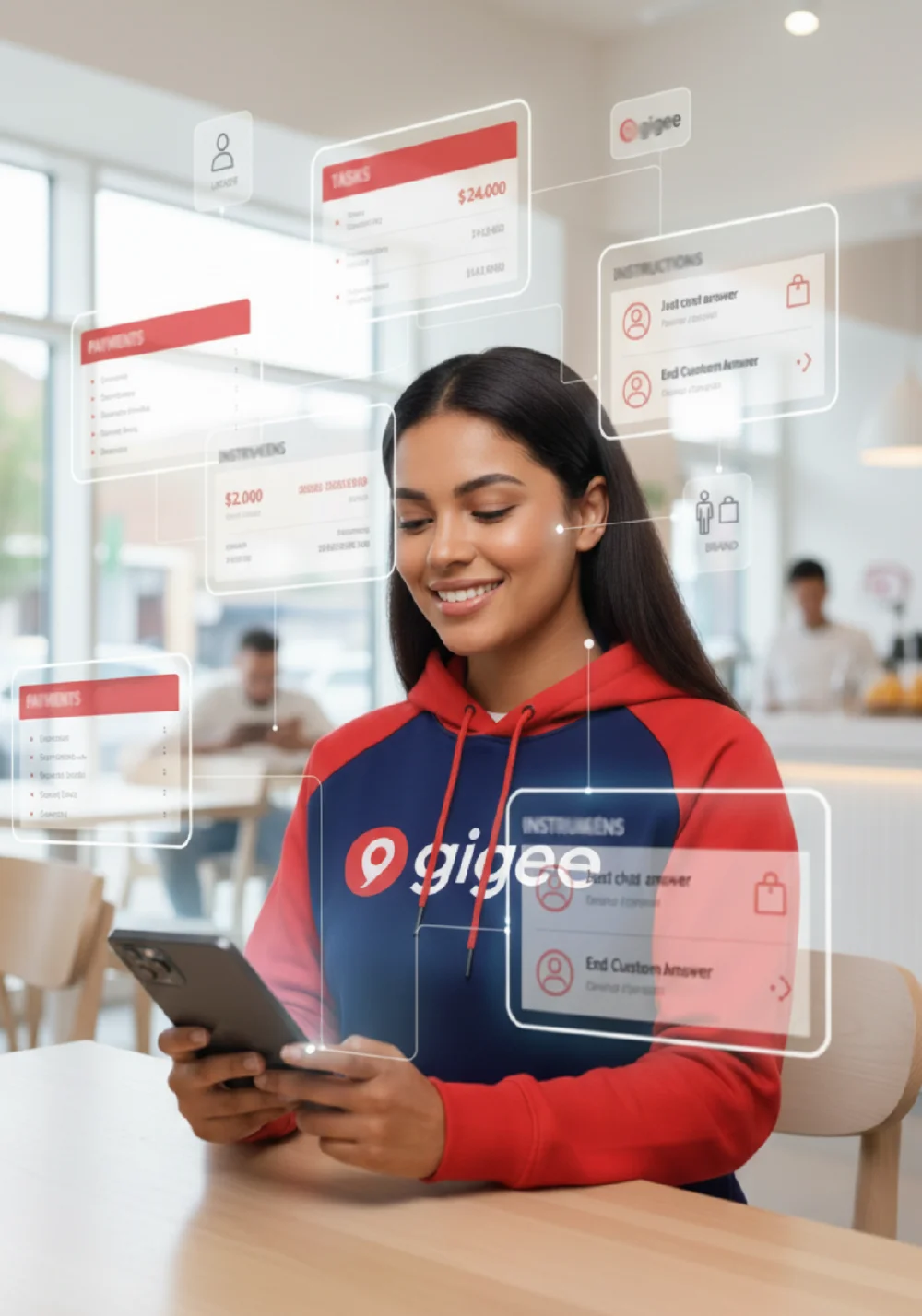 Illustrating gig economy transparency: a gig worker checking a clear, user-friendly app dashboard showing tasks and payments.